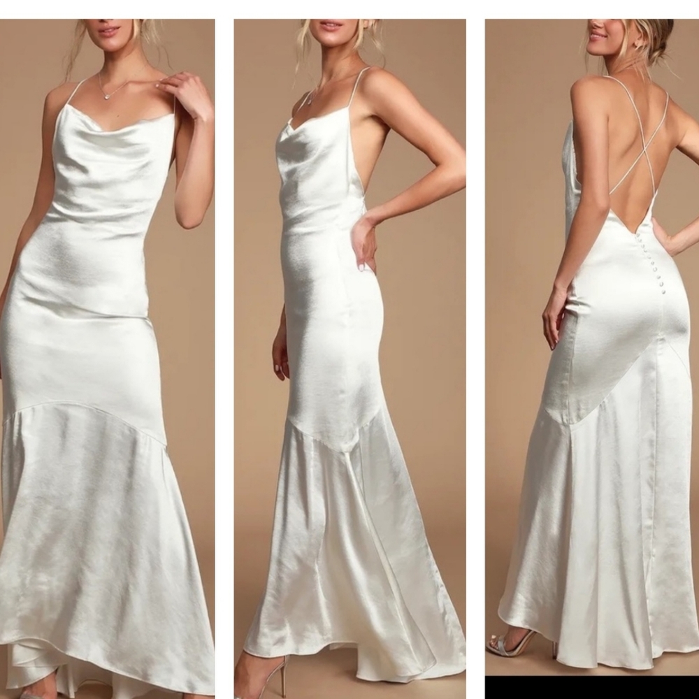 Elliatt aisle dress white satin open back floor length wedding gown size small